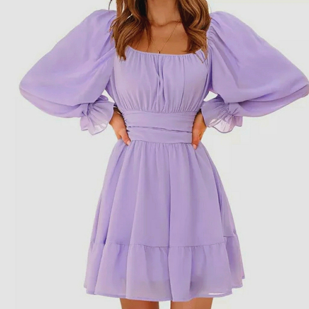 Exlura Lilac Puff Sleeve Ruched Ruffle Bow Open Back Sheer Sleeve